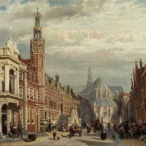 100 Cornelis Springer - View of the Town Hall and St Lawrences Church in Alkmaar