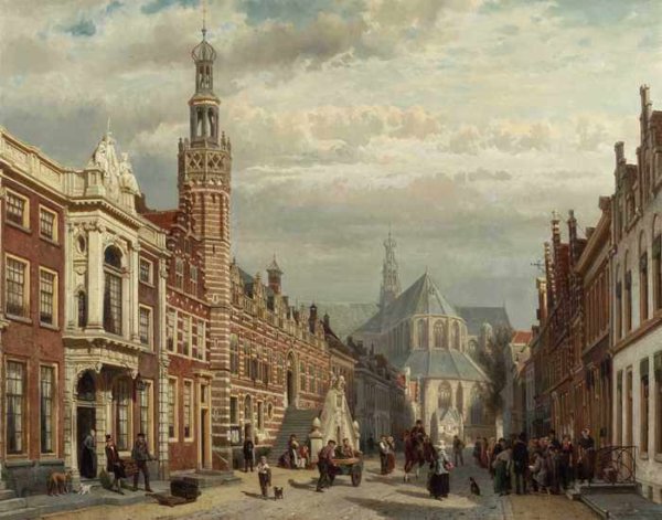 100 Cornelis Springer - View of the Town Hall and St Lawrences Church in Alkmaar