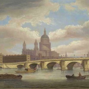 109 Thomas Luny - View of the River Thames with St. Pauls Cathedral and Blackfriars Bridge